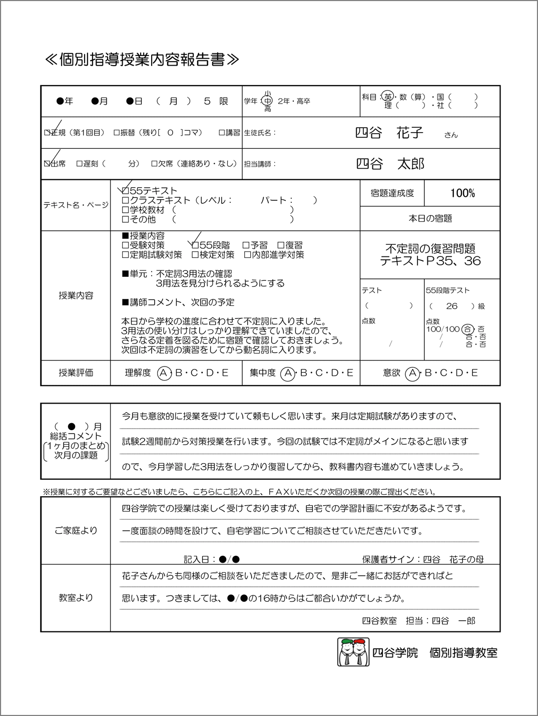 個別指導授業内容報告書